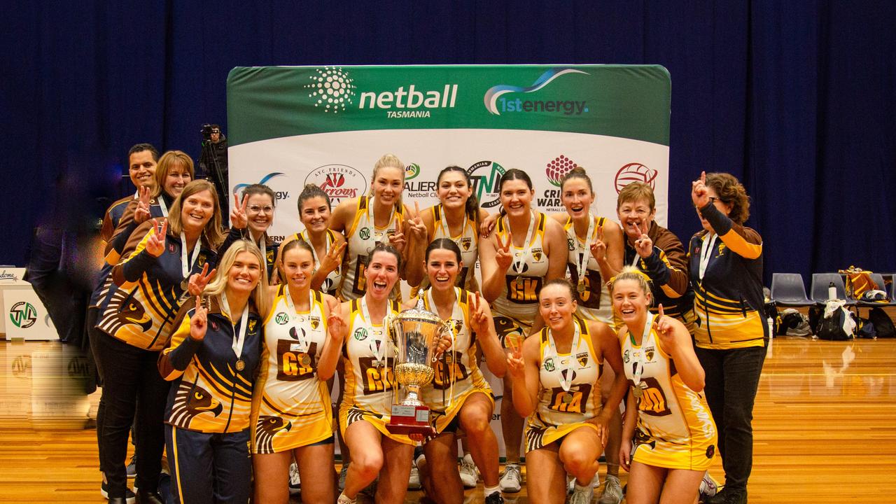 The Northern Hawks lift the state netball premiership trophy after defeating the Cavaliers at Launceston's Silverdome. Picture: PATRICK GEE/SUPPLIED