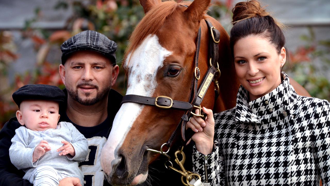 Lets Go Lenni.Caufield Guineas race horse with owners Lenni,4 months,Ozzie Kheir with wife Linsey Kheir. Mick Price Stables,