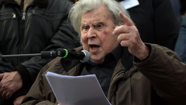 Greek composer Mikis Theodorakis gives a speech during a demonstration to urge the government not to compromise in the festering name row with neighbouring Macedonia. Picture: AFP Photo / Angelus Tzortzinis