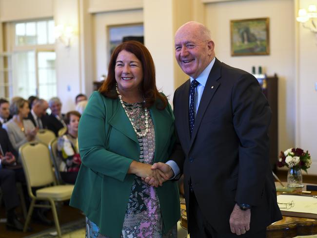 Melissa Price shakes hands with Australian Governor-General Sir Peter Cosgrove after being sworn-in as Australian Environment Minister during a ceremony at Government House last week. Picture: AAP