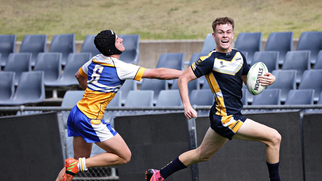 DAILY TELEGRAPH AUGUST 30, 2023. Westfields Sports High Lachlan Galvin prematurely celebrating before he looses the ball in goal against Patrician Brothers Blacktown playing for the Peter Mulholland Cup at Campbelltown Stadium. Picture: Adam Yip