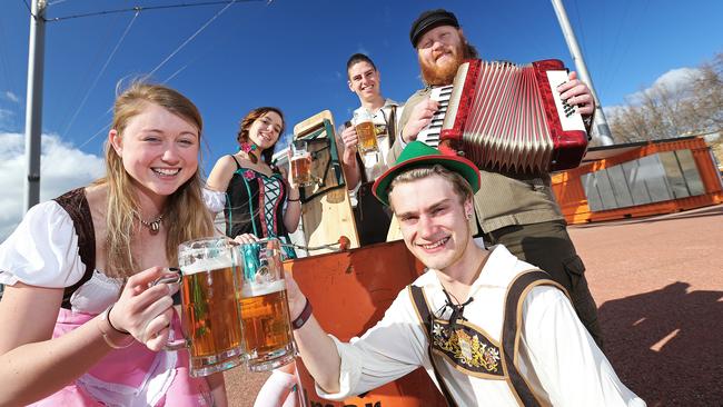 launch of Oktoberfest at Princes Wharf. Hannah Todd, left, Mikaela Felberg, Josh Lovell, Carter Harris and Dave Elliston