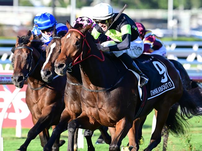 Think About It cruises to victory in the Group 1 Stradbroke Handicap under jockey Sam Clipperton, for trainer Joe Pride. Picture: Grant Peters - Trackside Photography