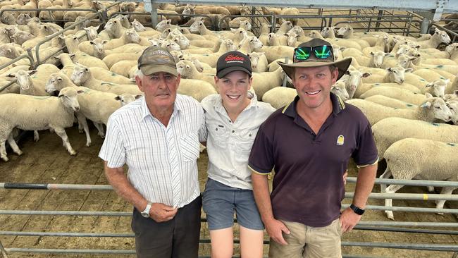 Three generations of the Hammon family were there to see their lambs sold at Corowa this week with Peter, Wally, 13, and Anthony, from Boomahnoomoonah, pleased with the $250 they were paid. The lambs weighed more than 55 kilograms liveweight, and had an estimated carcass weight of 26 kilograms.