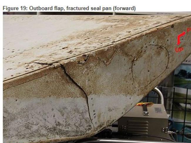 This damage on a piece of wreckage from MH370 indicates the flaps were retracted at the point of fracture and separation from the wing. Picture: ATSB