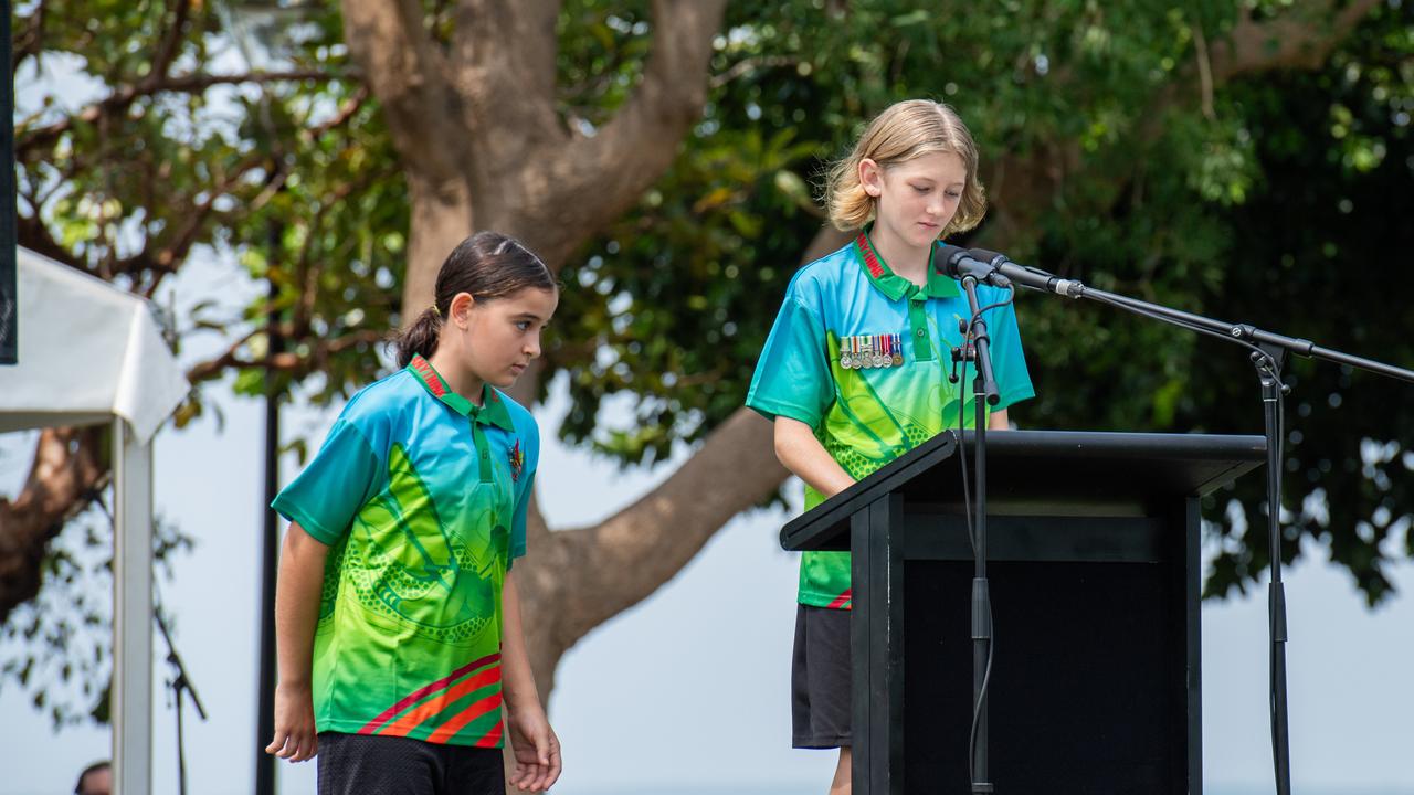 Savannah Zaloumis and Abel Riordan at the Darwin Cenotaph's Remembrance Day service, 2023. Picture: Pema Tamang Pakhrin