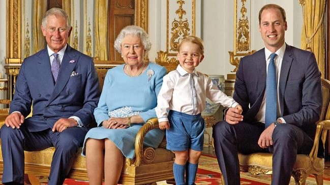 Line of succession: Prince Charles, the Queen, Prince George and Prince William photographed in 2016 to mark the Queen’s 90th birthday. Picture: Ranald Mackechnie/Royal Mail/PA/AFP/The Times