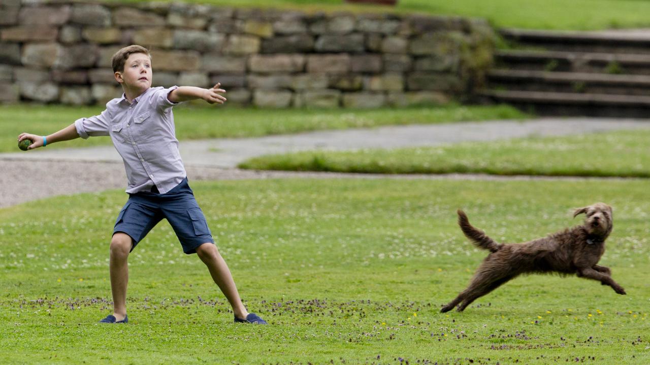 Prince Christian of Denmark plays with the family dog in Grasten. Picture: Julian Parker/UK Press via Getty Images