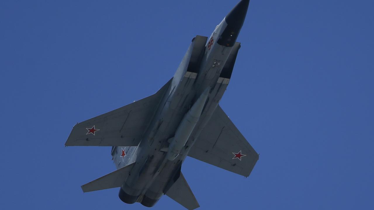 A MIG-31k fighter jet, equipped with the Kinzhal missile system, performs during Victory Day in Red Square in Moscow in 2020. Picture: Sefa Karacan/Anadolu Agency via Getty Images