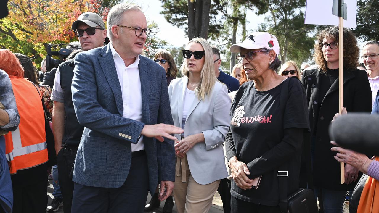 Anthony Albanese and Jodie Haydon attend the No More! National Rally Against Violence march in Canberra. Picture: NCA NewsWire / Martin Ollman