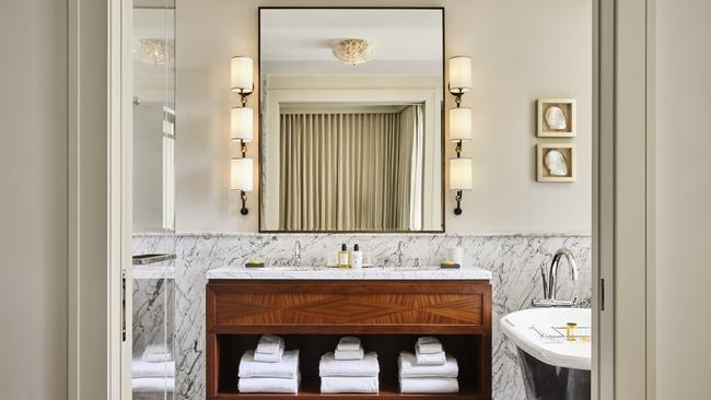 Guest bathroom at the Wall Street Hotel, with nods to the Paspaley family’s pearling history.