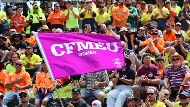 Members of the Queensland Electrical Trades Union and other unions rally in Brisbane last month to defend the CFMEU. Picture: Tertius Pickard