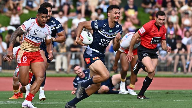 CAIRNS, AUSTRALIA – FEBRUARY 12: Robert Derby of the Cowboys runs upfield during the NRL Trial Match between North Queensland Cowboys and Dolphins at Barlow Park on February 12, 2023 in Cairns, Australia. (Photo by Emily Barker/Getty Images)