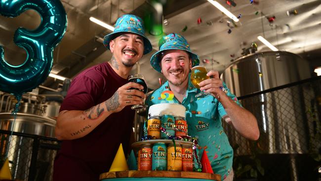 Townsville News Flash Justin Fimmel and venue manager Tim Bennie getting ready to celebrate Tiny Mountain's third birthday. Picture: Caitlan Charles