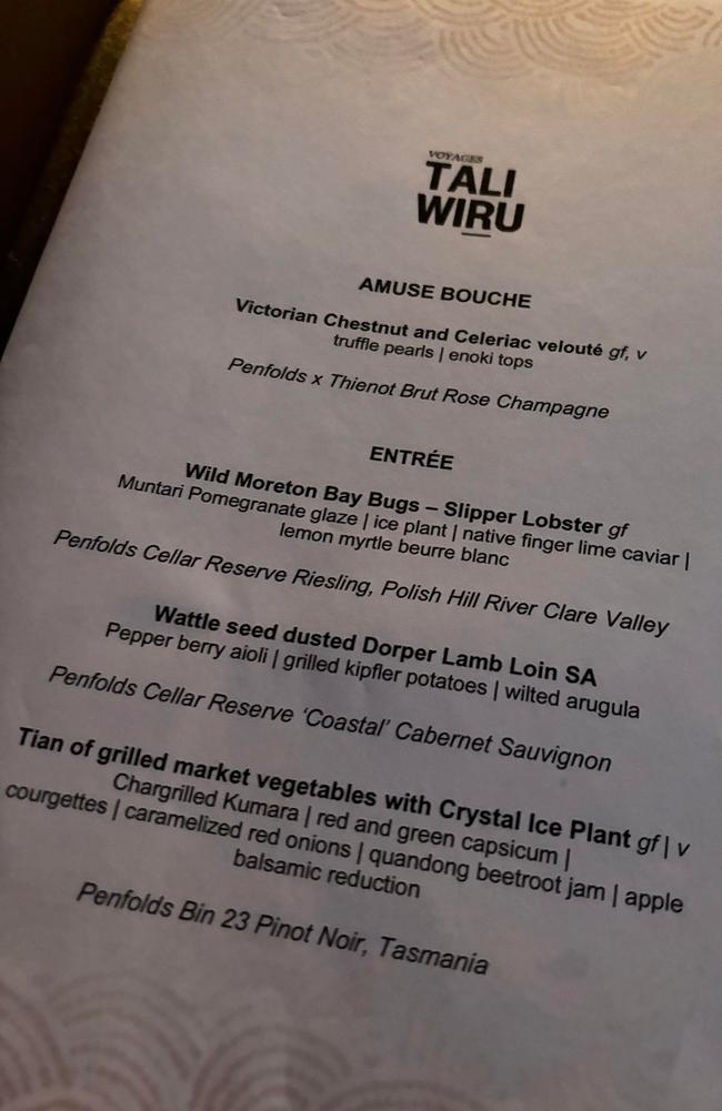 The menu at Tali Wiru was mostly gluten free. Picture: Supplied