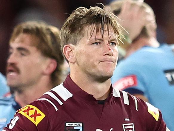 BRISBANE, AUSTRALIA - MAY 28: Harry Grant of the Maroons looks dejected after game one of the Men's State of Origin series between Queensland Maroons and New South Wales Blues at Suncorp Stadium on May 28, 2025 in Brisbane, Australia. (Photo by Chris Hyde/Getty Images)