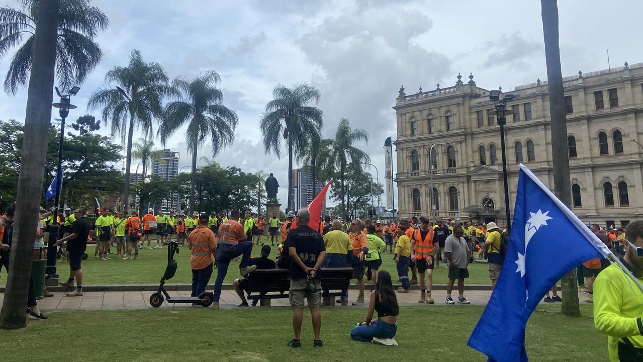 A CFMEU protest in the wake of a tragic worker death has shut down Brisbane’s CBD.