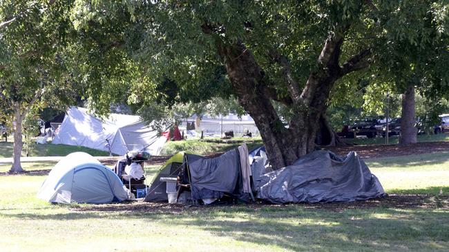 Homeless people have set up tents in Musgrave Park in South Brisbane. Picture: Steve Pohlner