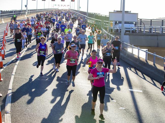 Run the Bridge Fun Run 2020 across Tasman Bridge. Picture: RICHARD JUPE