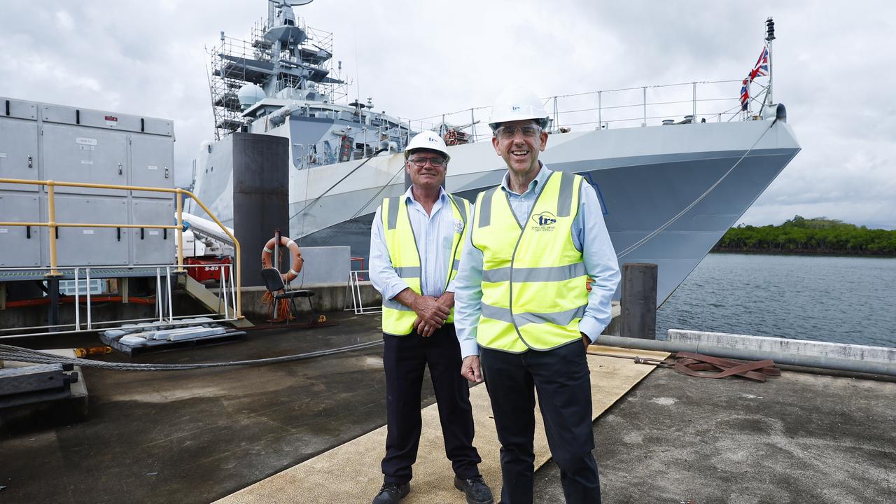 In 2023 the Queensland Government announced an additional $30m in funding for the Cairns Marine Precinct, on top of the $150 million already committed. Tropical Reef Shipyard managing director Robert Downing and Treasurer Cameron Dick inspect the British Navy ship HMS Spey. Picture: Brendan Radke