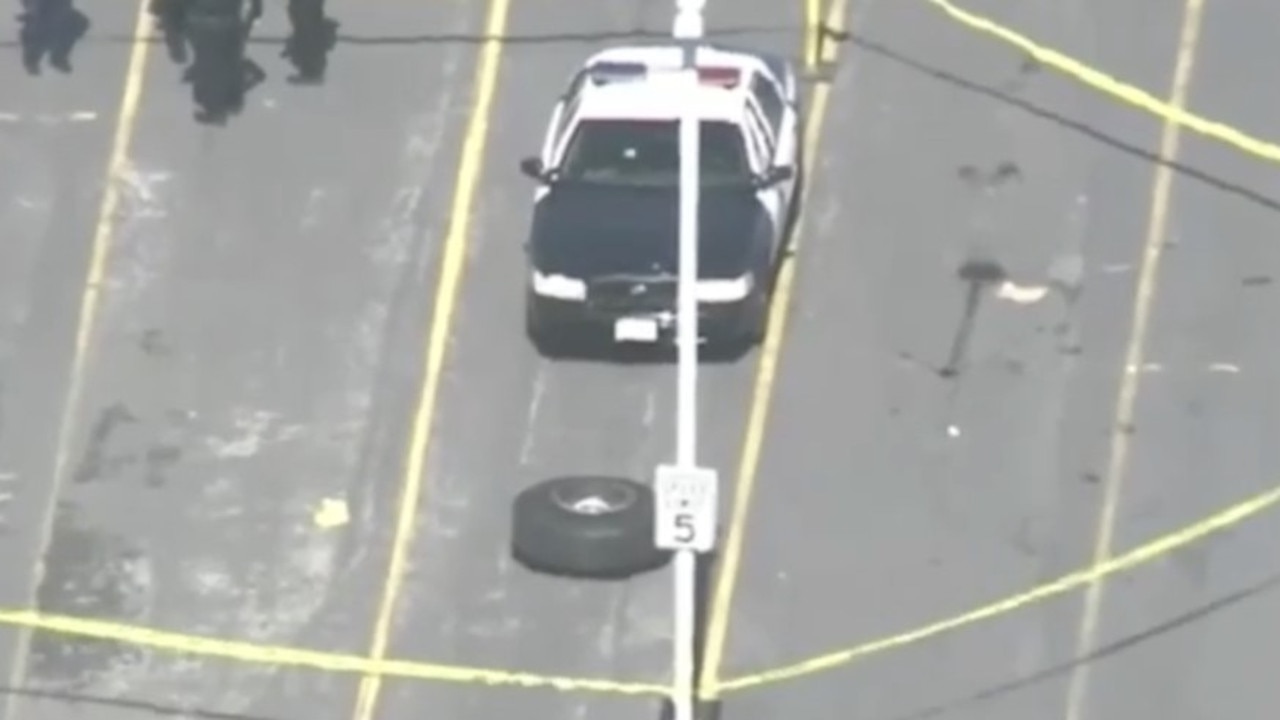 The fallen tyre damaged several cars in the airport car park. Picture: Supplied