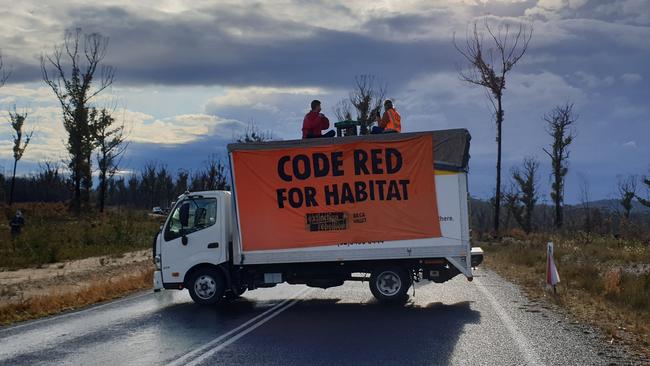 South coast Extinction Rebellion members blockade the Eden chip mill on October 14. Picture: XR