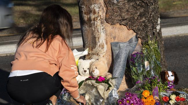 Flowers, cards and teddies were laid at the scene of the crash. Picture: Daily Telegraph/ Monique Harmer