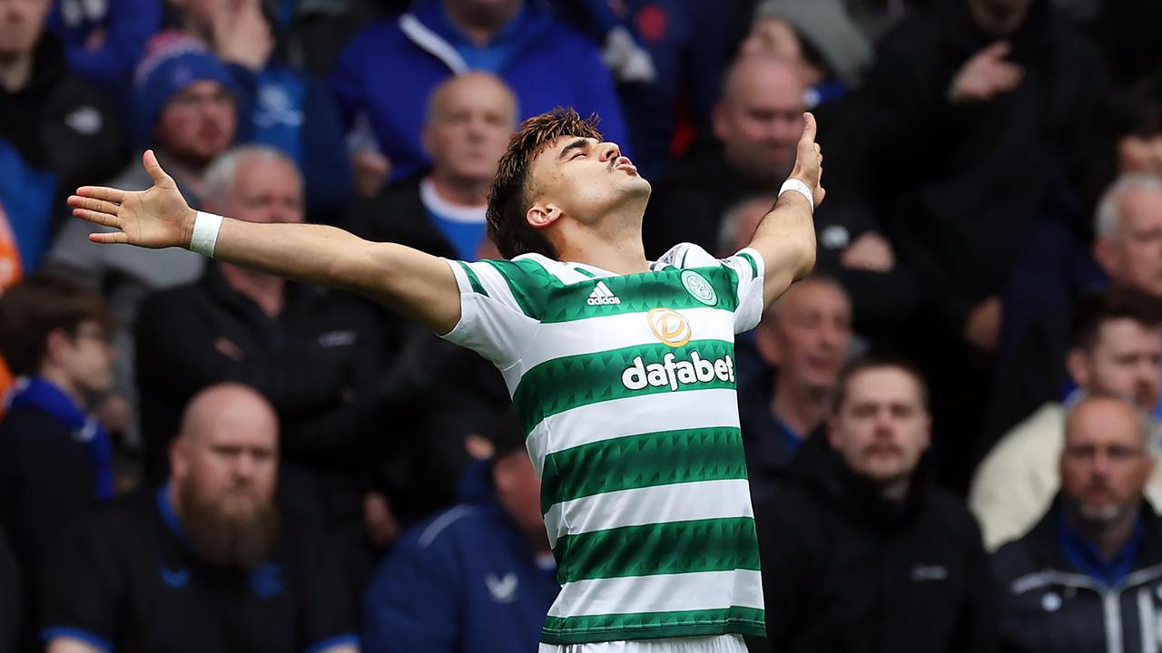 Celtic’s Jota celebrates after scoring against Rangers in the Scottish Cup semi-final. Picture: Ian MacNicol/Getty Images