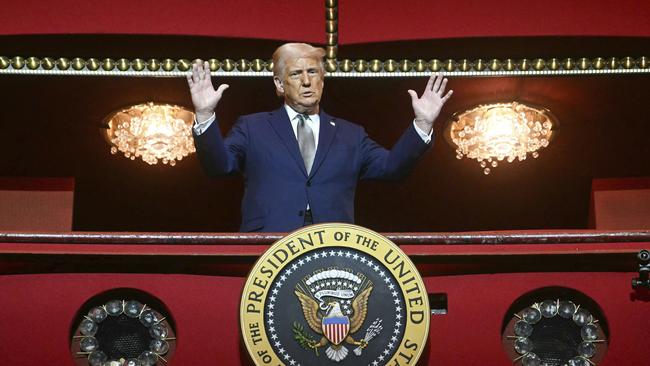 President Donald Trump stands in the presidential box as he tours the John F. Kennedy Center. Picture: AP