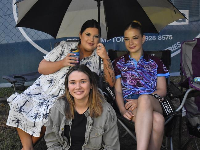 Emily Saunders, Josie Saunders and Georgia Daniels (front) at the CQ Capras game against the Ipswich Jets in Round 12 of the Hostplus Cup at Rugby Park, Rockhampton, on June 1, 2024.