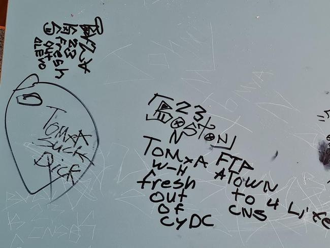 Graffiti written during a break-in at a shop in Cairns on April 30, 2023, appears to reference Cleveland Youth Detention Centre; “Fresh out of CYDC” and “Fresh out Clevo”. Picture: Rise and Bike (Facebook).