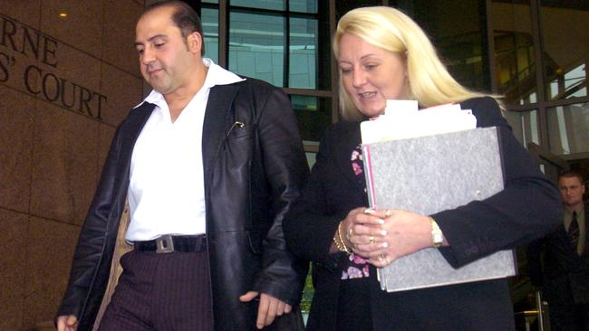 Tony Mokbel leaves Melbourne Magistrates’ Court with his lawyer, Nicola Gobbo.