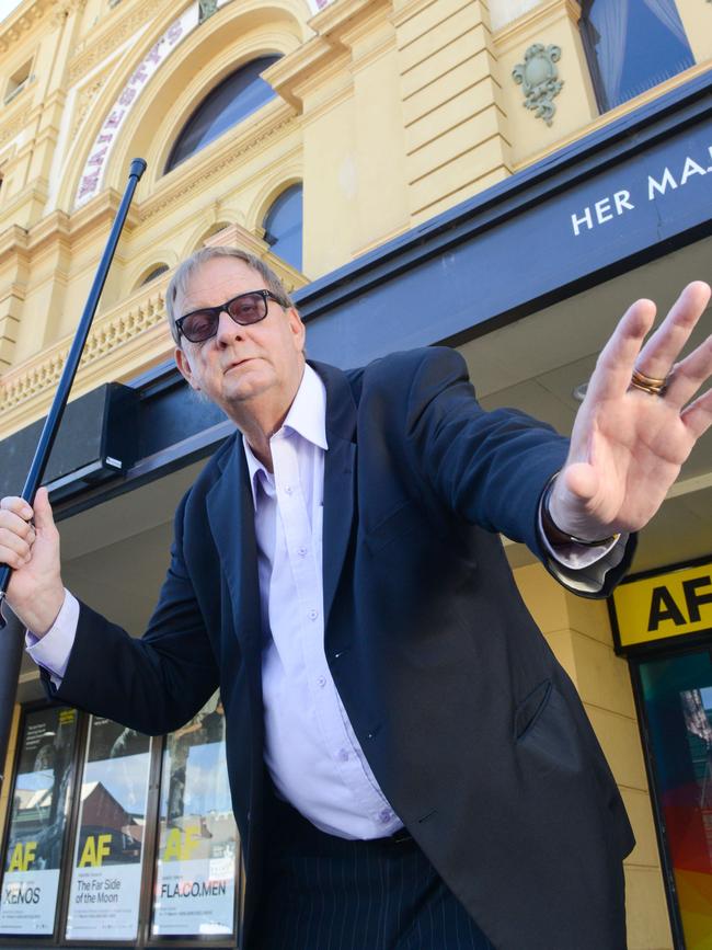 Peter Goers outside his beloved Her Majesty's Theatre in 2018, before its major renovation. Picture: Brenton Edwards