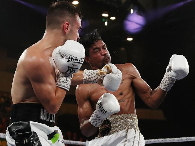 Moloney lands a left hook on Elton Dharry’s chin at Melbourne’s Margaret Court Arena. Picture: Michael Klein