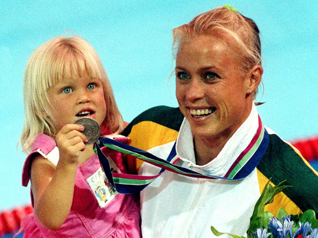 Lisa Curry went on to have three children, including daughter Jaimi. Pictured together after Lisa won gold at the Commonwealth Games.