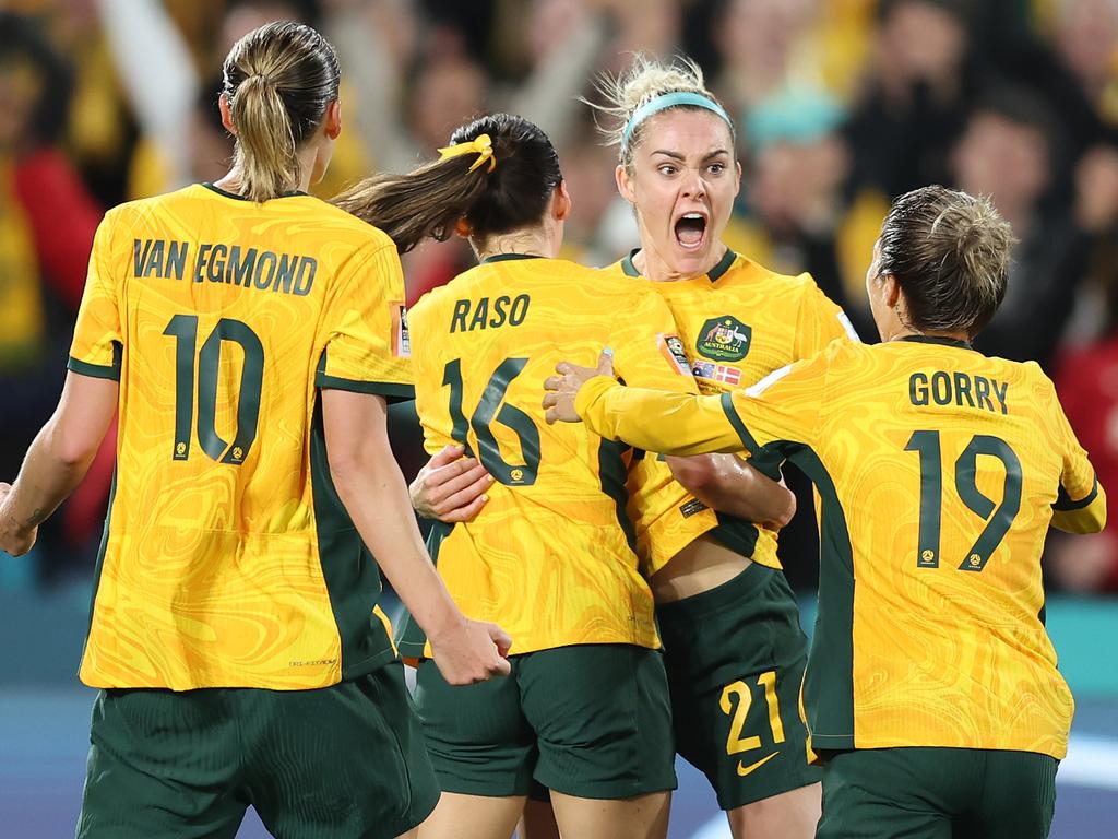 Matilda magic: Goalscorer Hayley Raso (16) celebrates with teammates after scoring her team's second goal during the knockout game versus Denmark. Picture: Matt King/Getty Images