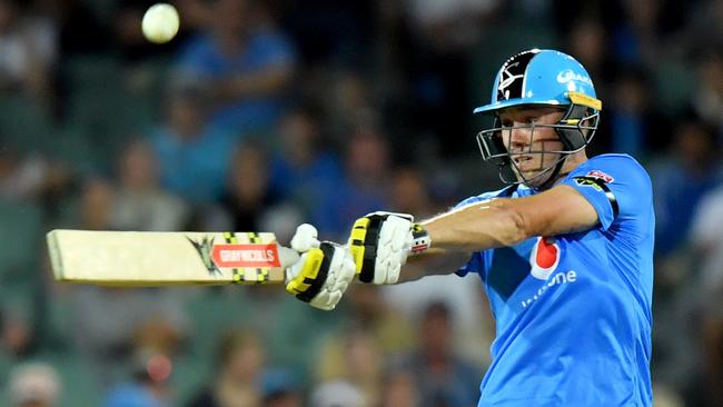 Phil Salt hits a six for the Strikers during the Big Bash League (BBL) cricket match between the Adelaide Strikers and the Hobart Hurricanes at Adelaide Oval in Adelaide, Sunday, January 26, 2020. (AAP Image/Sam Wundke) NO ARCHIVING, EDITORIAL USE ONLY, IMAGES TO BE USED FOR NEWS REPORTING PURPOSES ONLY, NO COMMERCIAL USE WHATSOEVER, NO USE IN BOOKS WITHOUT PRIOR WRITTEN CONSENT FROM AAP