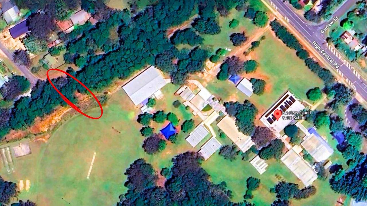 The bumpy dirt track onto the oval at Macleay Island State School, where the island’s only operating helipad is. Picture: Google.