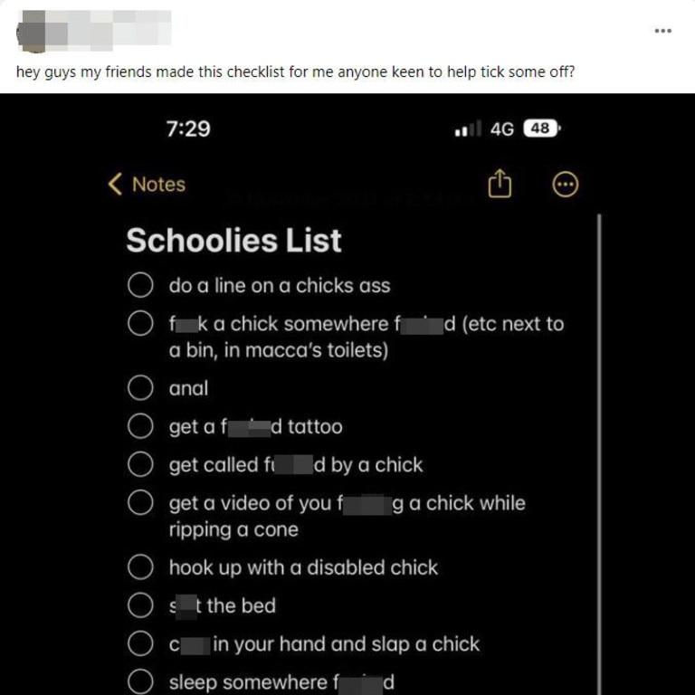 This sexually explicit ‘checklist’ was posted in multiple Schoolies Facebook groups. Picture: Facebook