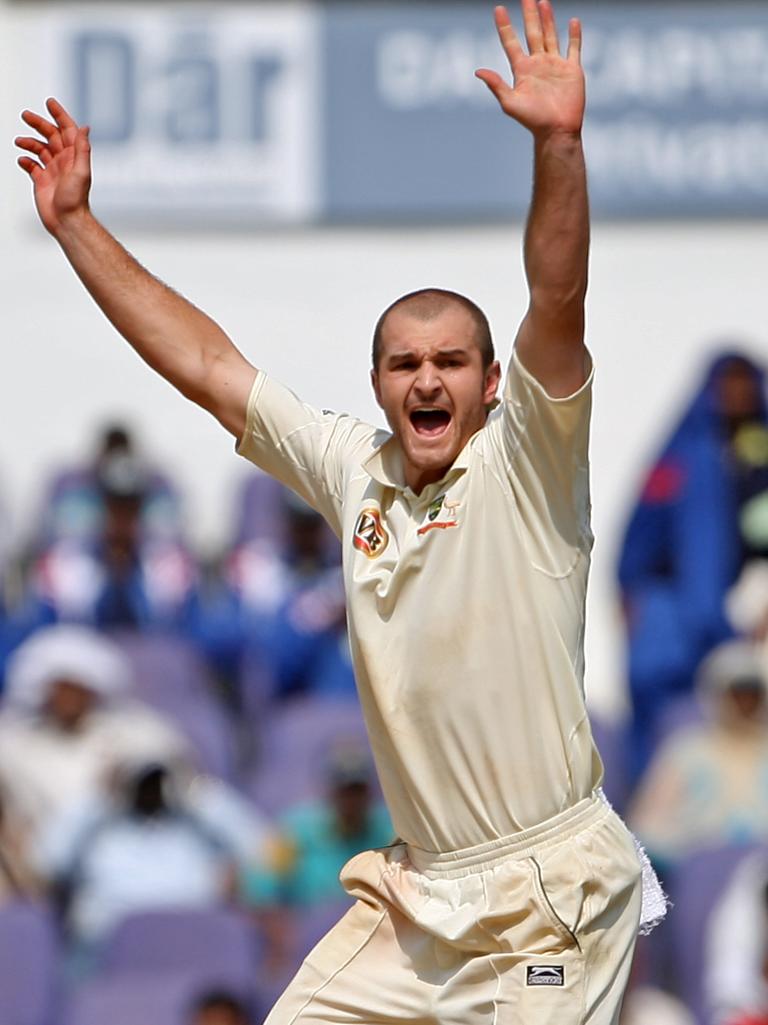 Jason Krejza appeals for a wicket against India.