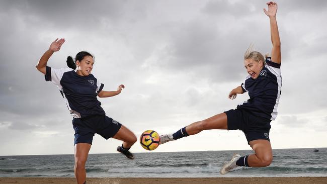 St Clare's College Year 12 students and twin sisters Brianna and Siobhan Edwards have just won a scholarship to a US college thanks to their soccer skills. Picture: Brett Costello