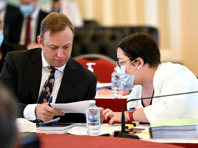 Steven Miles with then chief of staff Danielle Cohen during an Economics and Governance Committee estimates hearing at Parliament House. Picture: NCA NewsWire / Dan Peled