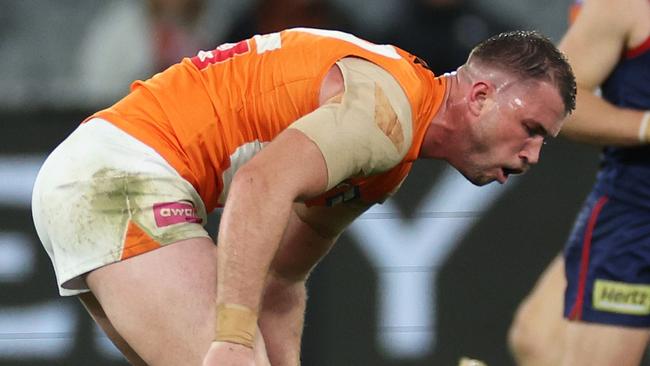 MELBOURNE, AUSTRALIA - JULY 27: Kieren Briggs of the Giants reacts during the round 20 AFL match between Melbourne Demons and Greater Western Sydney Giants at Melbourne Cricket Ground, on July 27, 2024, in Melbourne, Australia. (Photo by Daniel Pockett/Getty Images)