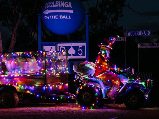 Rural Residents Outback Christmas Display winner – Dannielle & Dale Stevenson - Coolbinga Santa on a quad bike towing a trailer of wool all lit up. Credit: Lauran Gilligan