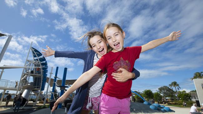 Sisters Zoe and Georgie Thomas enjoy Spinnaker Park playground in Newport as COVID-19 restrictions ease. Picture: Renae Droop