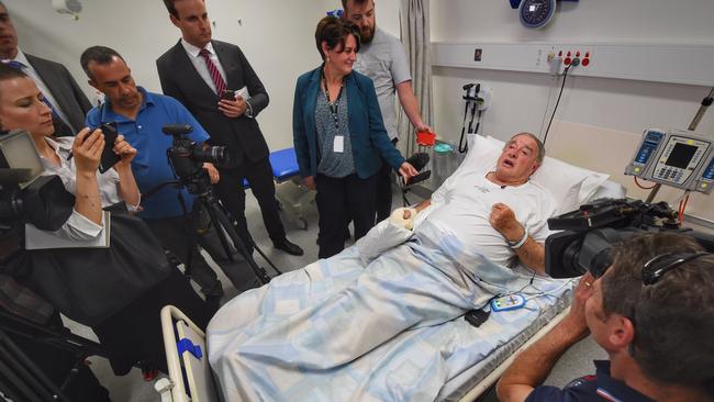 Shark attack victim, Rodney McFarlane meets the media at the Alfred Hospital. Picture: Tony Gough