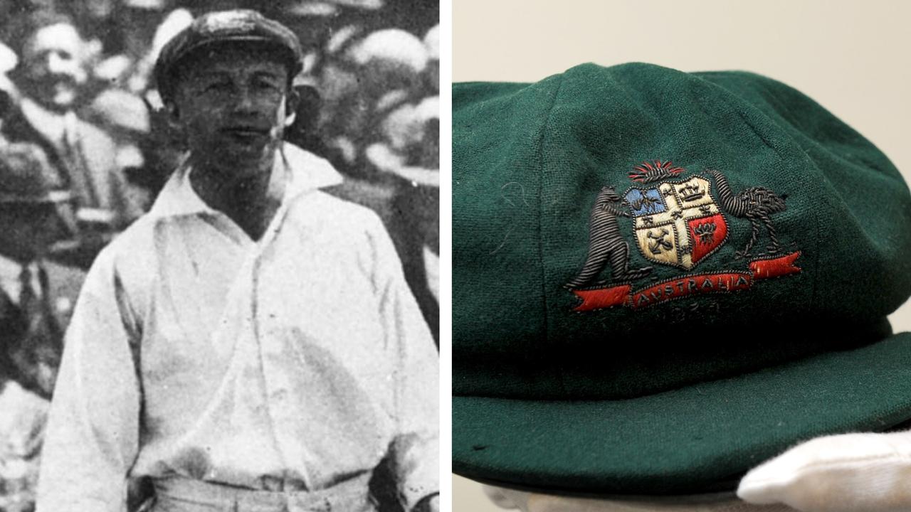 Don Bradman in his 1928 Australian baggy green in the first Test at the MCG.