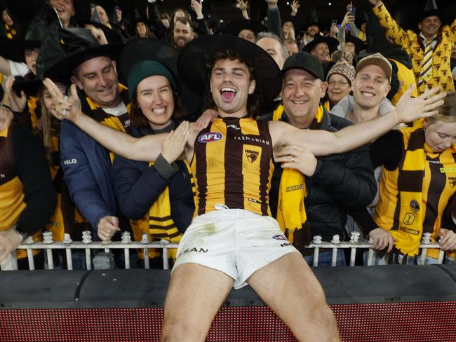 Nick Watson celebrates the Hawks’ elimination finals win. Pic: Michael Klein