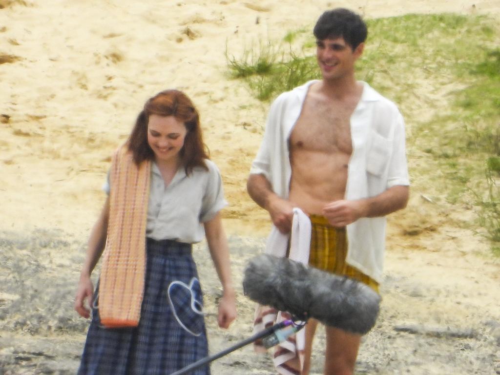 The duo were seen filming on beach in Sydney. Picture: Media Mode