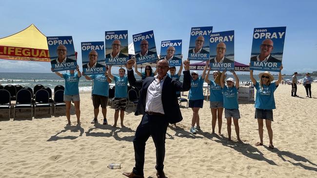 Cr Jason O'Pray with his election campaign team at his mayoral announcement.